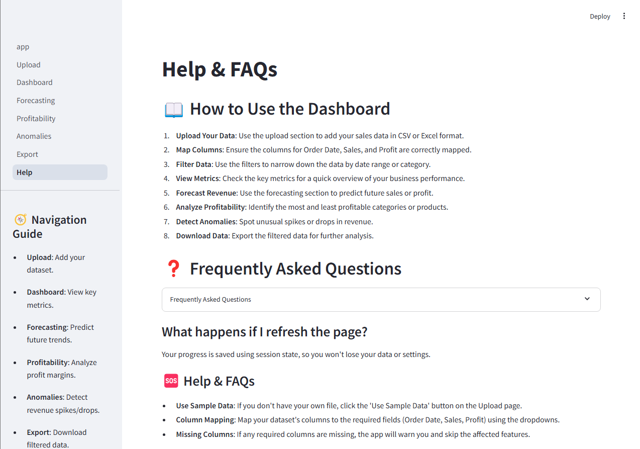 Dashboard help documentation explaining features and usage instructions