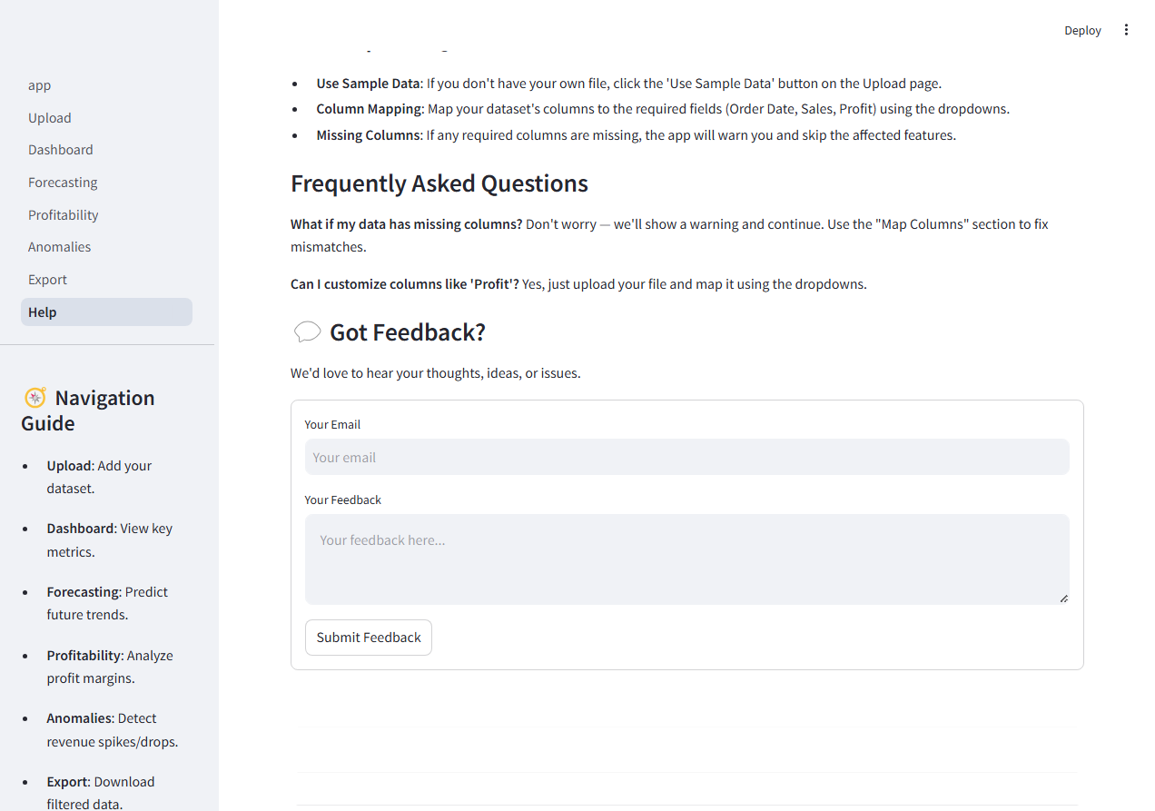 User guide and tutorial information for the Business Dashboard application