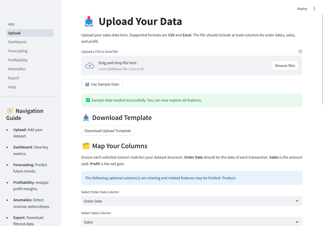 Data upload interface for importing CSV and Excel files into the dashboard