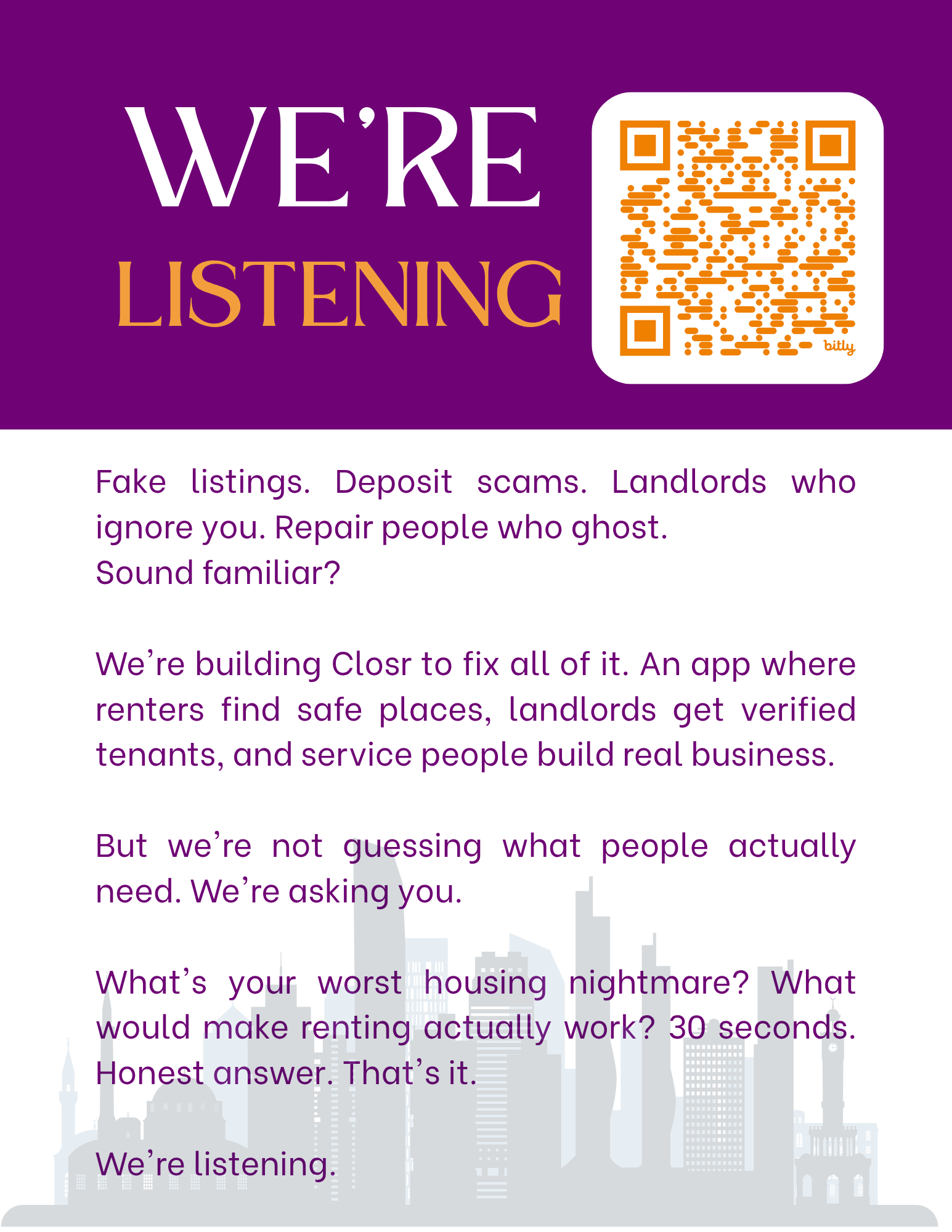 Closr startup marketing flyer showcasing property rental and service provider marketplace features