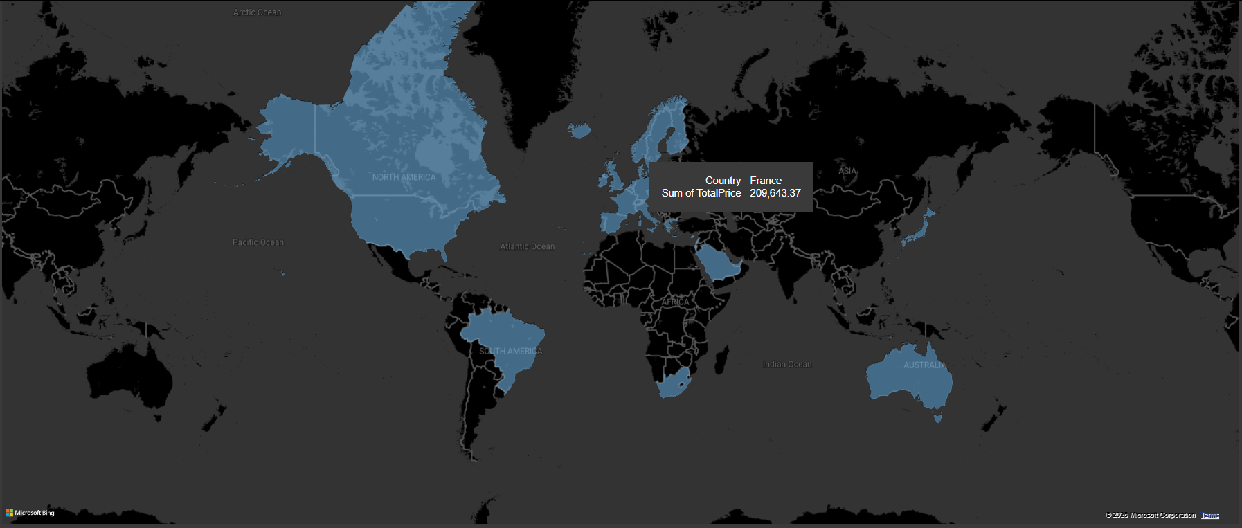 Geographic sales analysis map showing revenue distribution by country with Canada as top market
